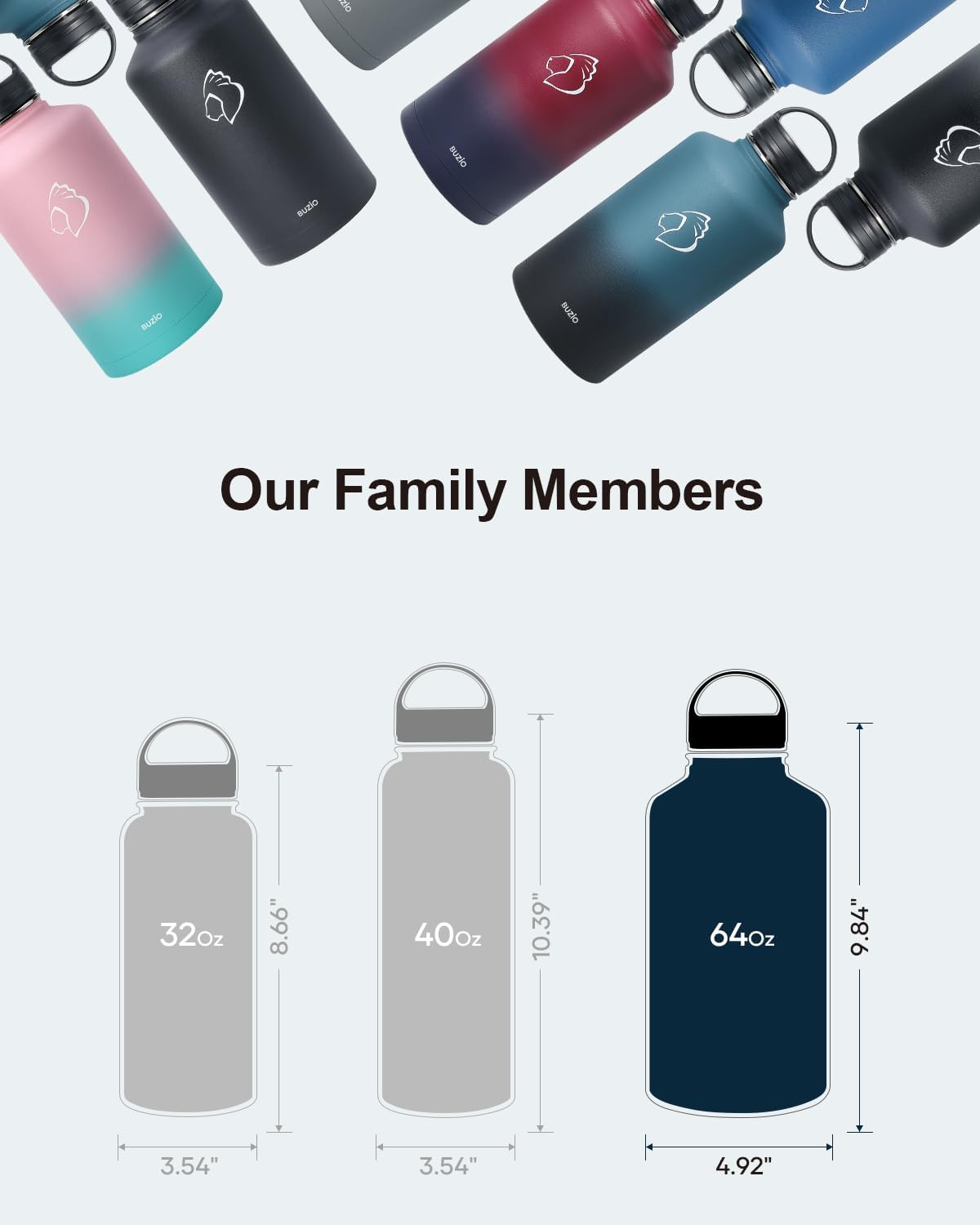 BUZIO 64 oz Water Bottle Insulated with Straw & 3 lid and Carrying Pouch, Leak Proof Half Gallon Stainless Steel Water Flask Jug, Cold for 48 Hrs Double Vacuum Thermo Canteen, BPA-Free, Black