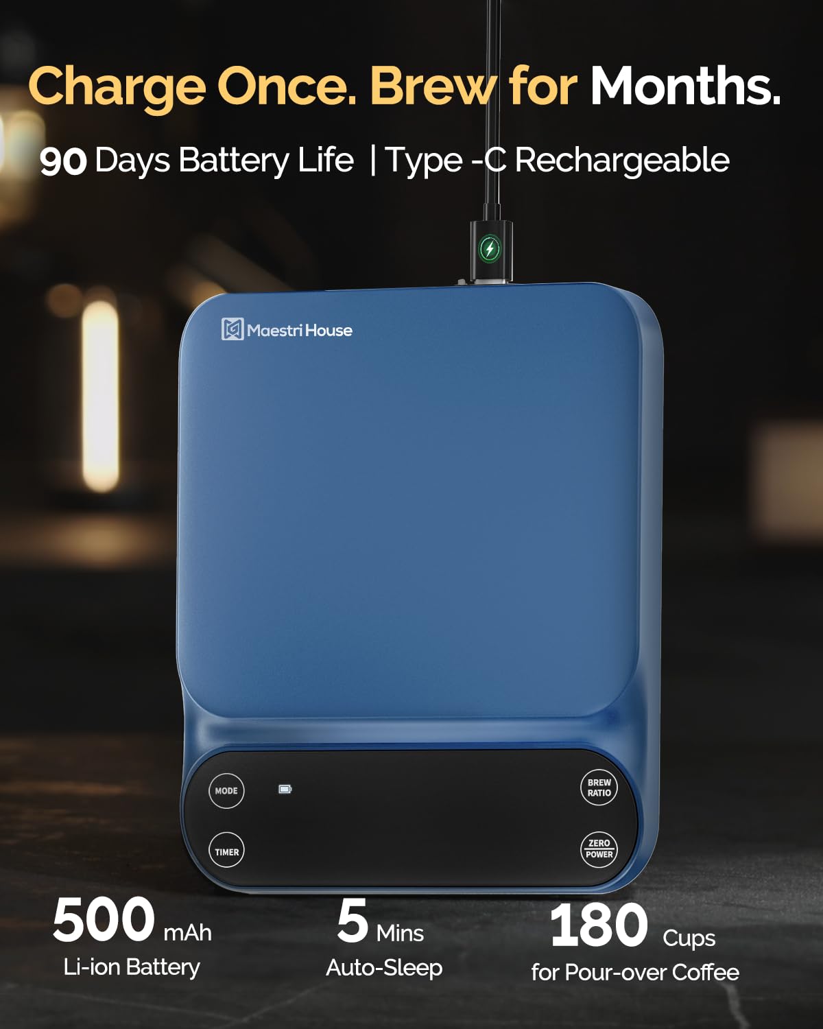 Maestri House S3 Coffee Scale with Timer, 3kg/0.1g Rechargeable Digital Scale, 3 Brew Modes, Adjustable Ratios & Flow Rate Display, Barista-Grade for Pour-Over, Espresso, French Press – Blue