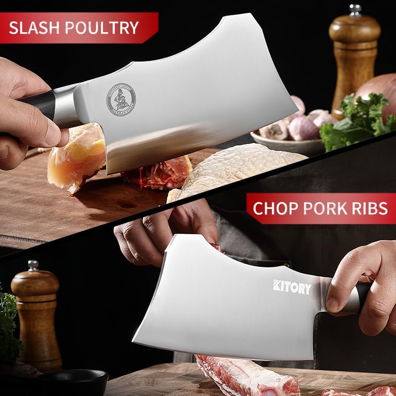 Meat Cleaver with Large Handle - 7 inch Kitchen Bone Chopper,German High Carbon Stainless Steel Chopping Knife with Ergonomic Wodden Handle - for Home Kitchen and Restaurant with Gifts Box