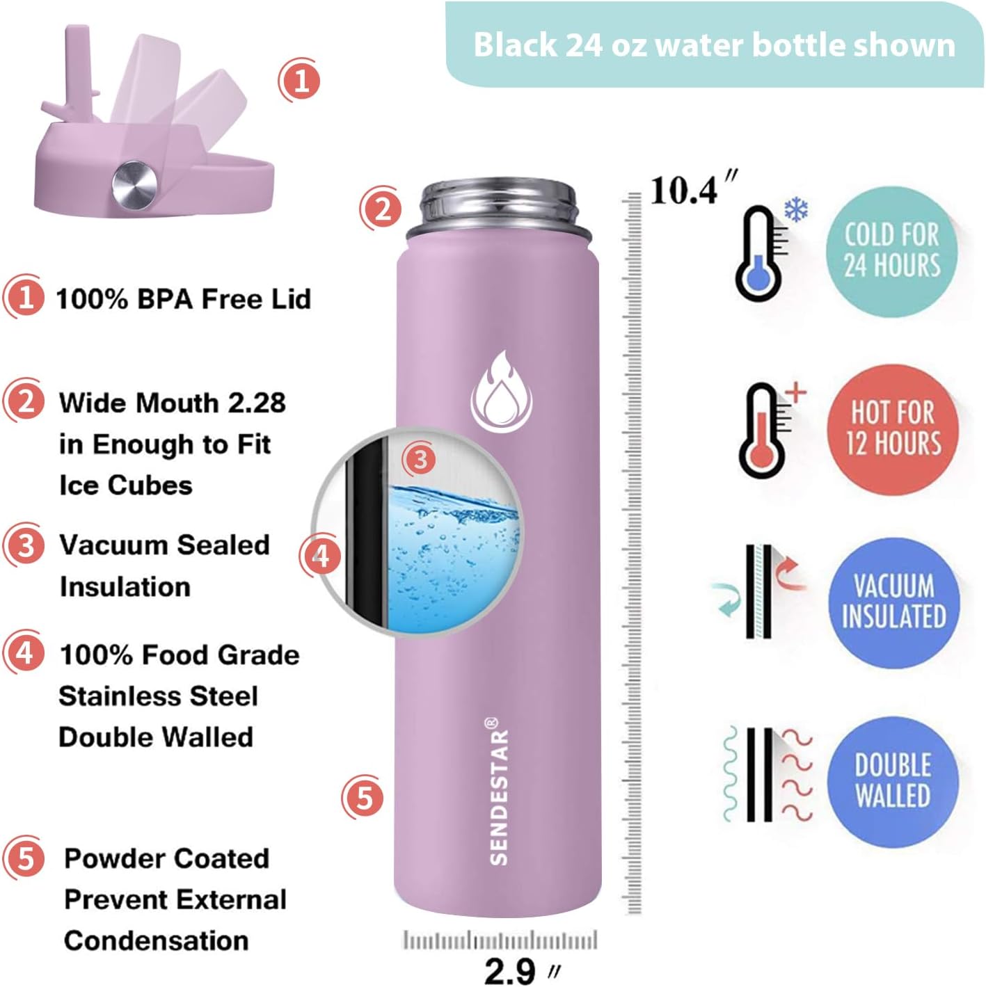 SENDESTAR Water Bottle Insulated Water Bottle 24 oz with Straw Lid Spout Lid Auto Flip Straw Top Cap for men and women