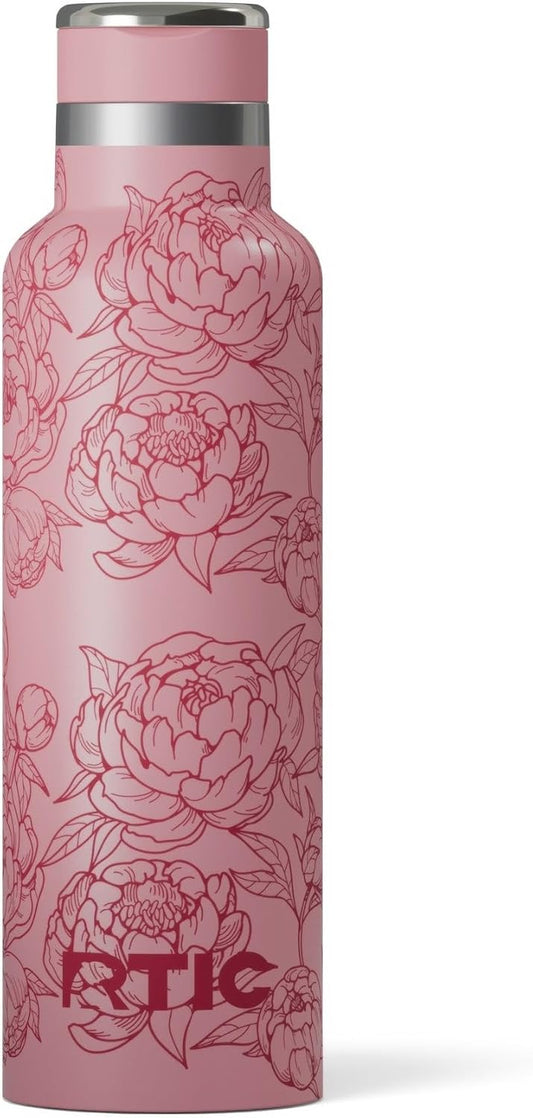 RTIC 20oz Journey Bottle Metal Stainless Steel Vacuum Insulated, BPA Free, Reusable, for Water, Hot and Cold Drinks, Travel, Sports, Camping, Pink Peonies