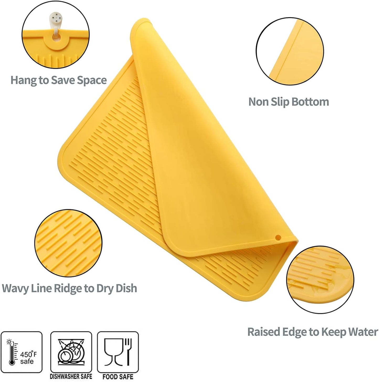 Silicone Dish Drying Mat for Multiple Usage,Easy clean,Eco-friendly,Heat-resistant Silicone Mat for Kitchen Counter or Sink,Refrigerator or Drawer Liner Yellow XL 18 inches x 16 inches