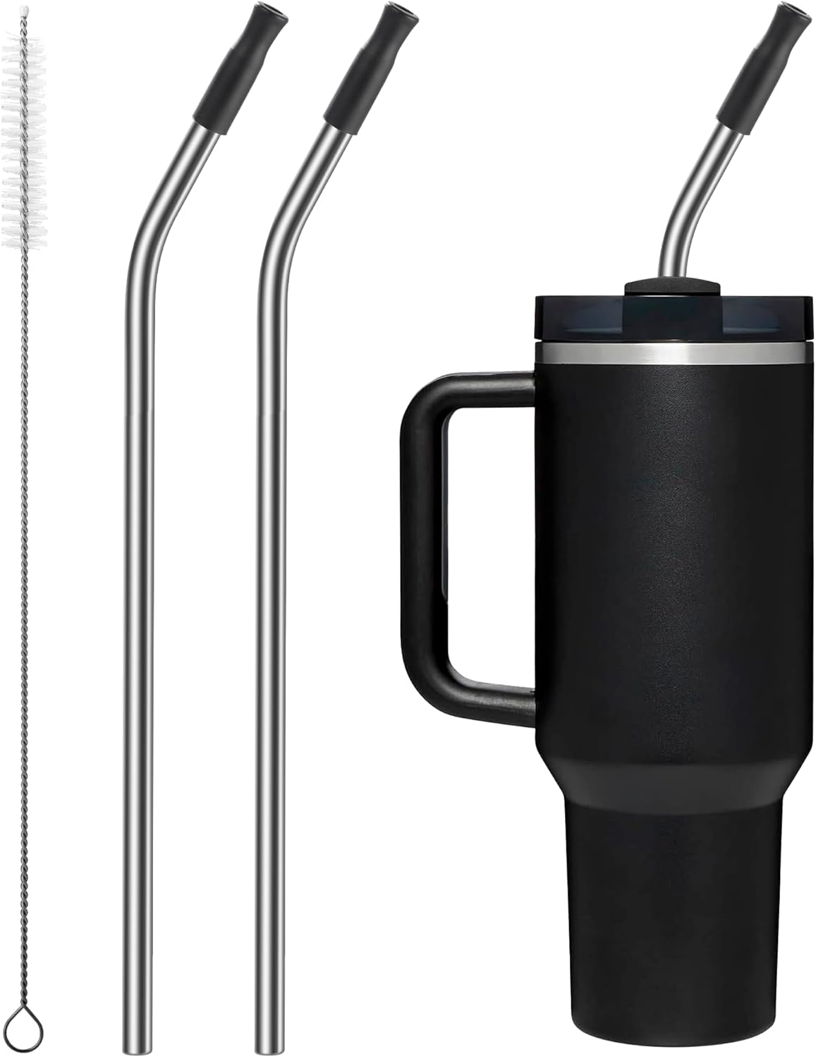 Repeatable Metal Straw with Silicone Tips for 40 oz Stanley Tumbler, 2 Pcs 40 oz Stainless Steel Straws Replacement for Stanley Tumbler, 1 Straw Brush, BPA Free（Black）