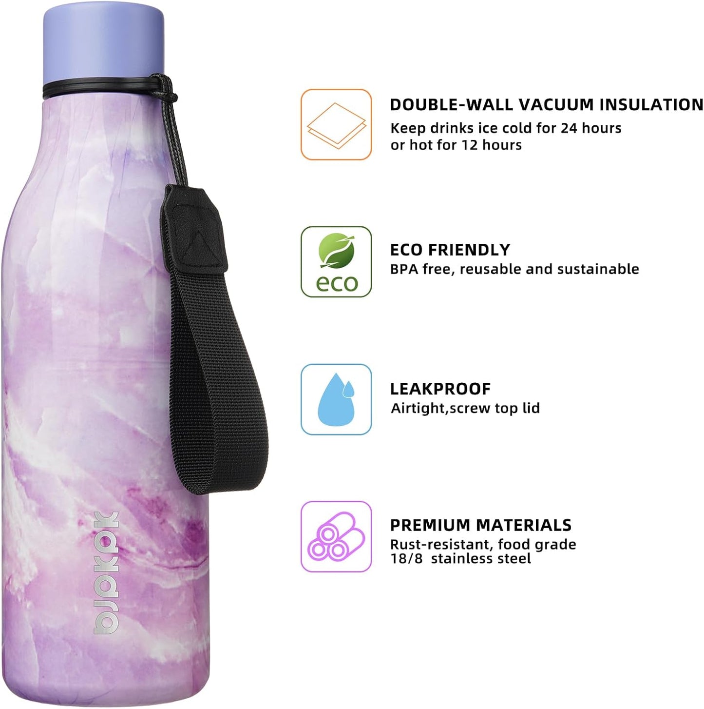 BJPKPK Insulated Water Bottles, 18 oz Stainless Steel Metal Water Bottle with Strap, BPA Free Leak Proof Thermos, Mugs, Flasks, Reusable Water Bottle for Sports & Travel, Dawn