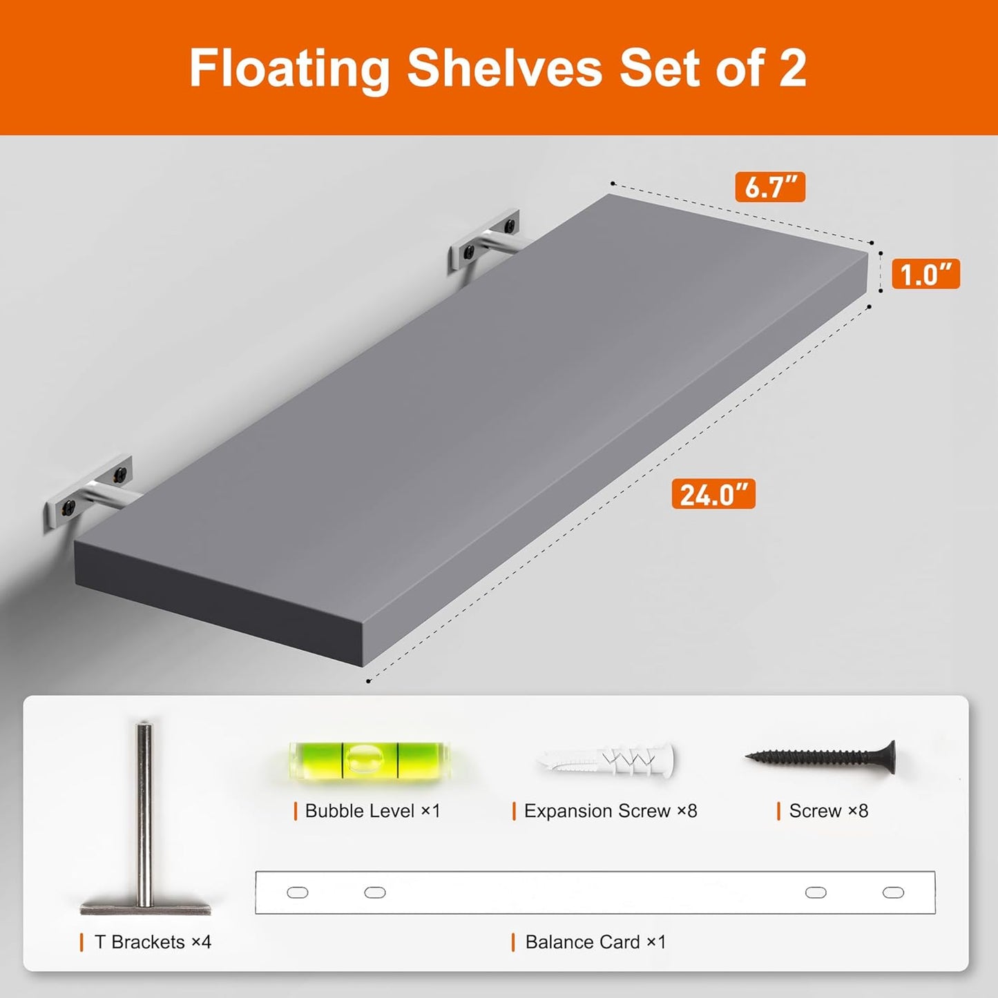 Floating Shelves for Wall, Gray Wood Wall Shelf Set of 2, 24" Walls Mounted Floating Shelf for Kitchen, Living Room, Bedroom, Bathroom Storage, Book Shelf for Walls Home Decor, Frame Display