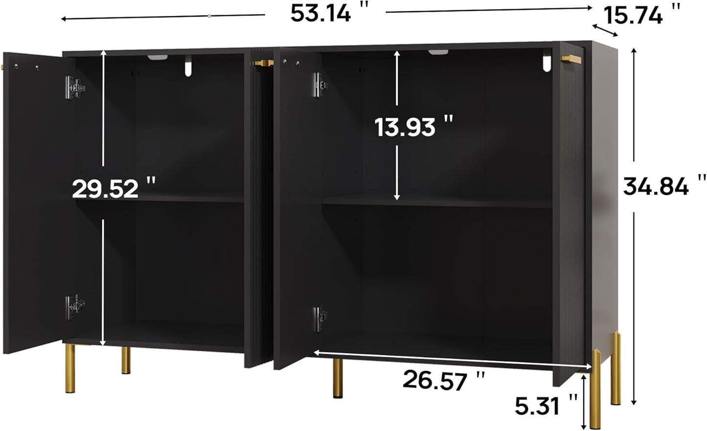 Black Fluted Sideboard Cabinet - Luxury Buffet Table with 4 Doors, Large Coffee Bar Station for Living Room, Kitchen, Hallway, Entryway Storage