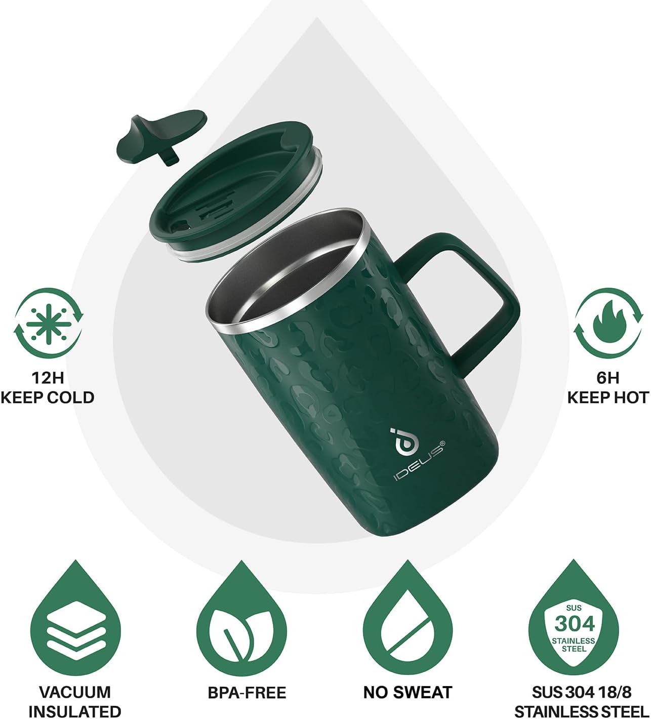 Ideus Vacuum Insulated Coffee Mug, 16oz Reusable Stainless Steel Thermal Double Walled cup with Handle and Slider Lid for Hot & Cold Beverages, BPA Free (Leapord Dark Green)