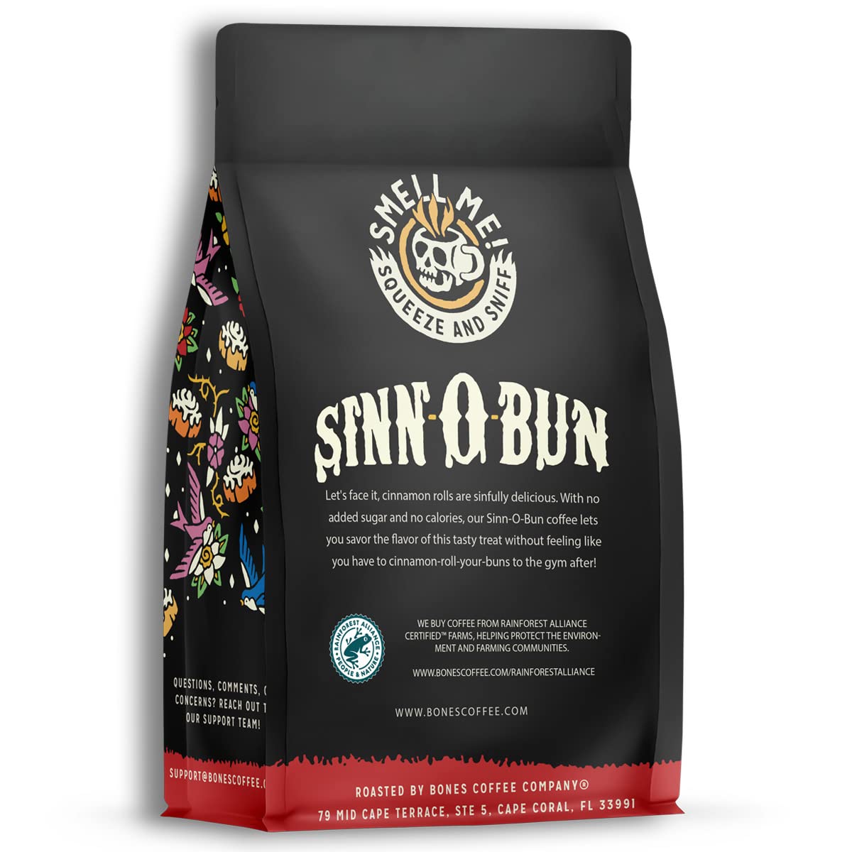 Bones Coffee Company Cinnamon Roll Flavored Coffee, Medium Roast Low Acid Arabica Beans Compatible with Auto drip and French Press Coffee Maker, 12 Oz Ground