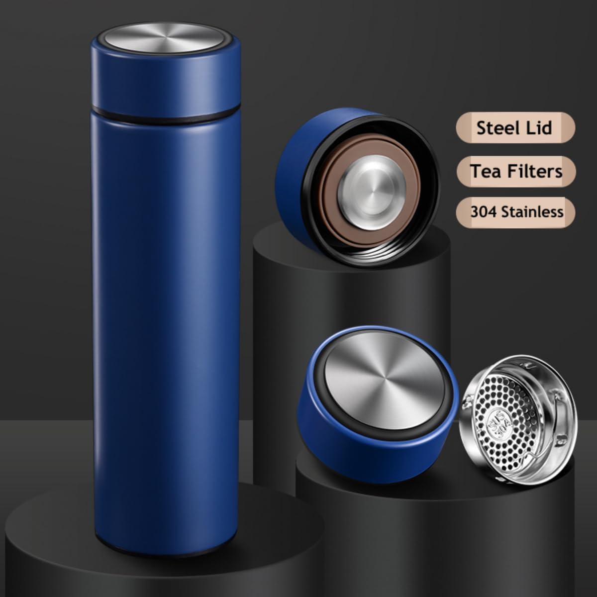 Insulated Water Bottles- Vacuum Tumbler for Coffee, Tea and Drinks with Stainless Steel Infuser - 15 oz Tea Thermo Travel Bottle/Keeps Drinks Hot or Cold for Hours/Gift Packing(Blue)