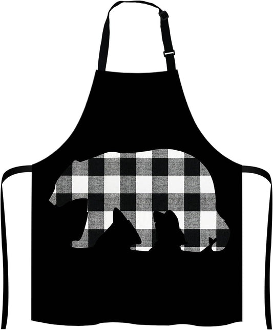 Black and White Buffalo Plaids Bear Apron Home Kitchen Waterproof Cooking Baking Gardening for Women Men