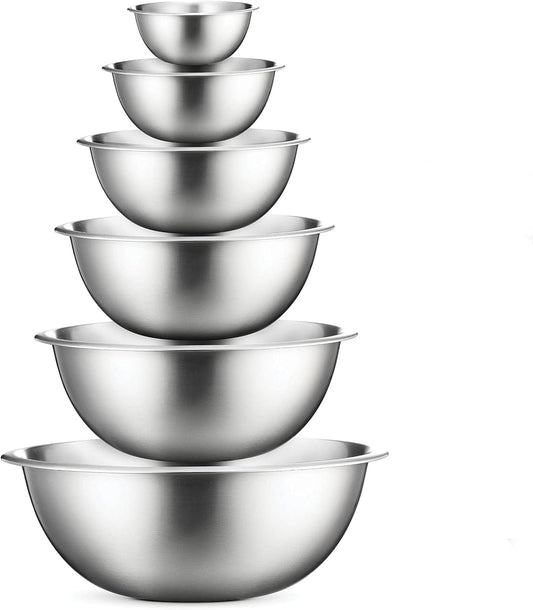 Stainless Steel Mixing Bowl Set, Nesting Bowls for Kitchen Baking, Cooking, Prepping, Kitchen Food Storage Organizers, No Lids (6 Pack)