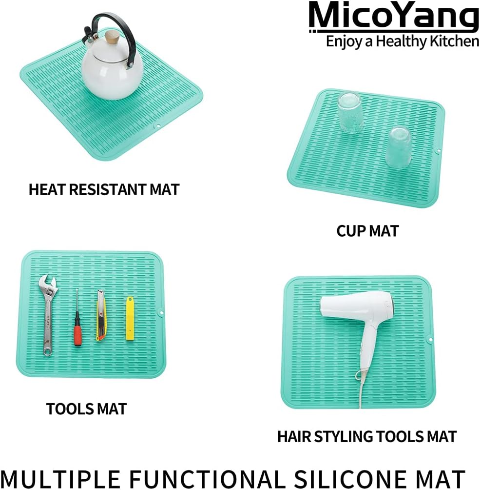 Silicone Dish Drying Mat for Multiple Usage,Easy clean,Eco-friendly,Heat-resistant Silicone Mat for Kitchen Counter or Sink,Refrigerator or Drawer Liner Mint XL 18 inches x 16 inches