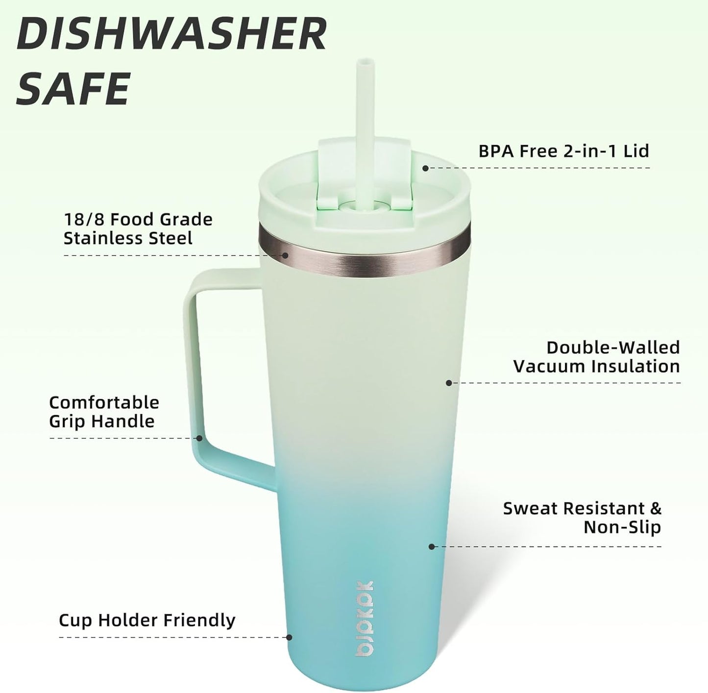 BJPKPK Insulated Tumbler with Handle, 26oz Insulated Tumblers with Lid and Straw, Stainless Steel Metal Water Bottles, Coffee Travel Mugs, Cups, Mint