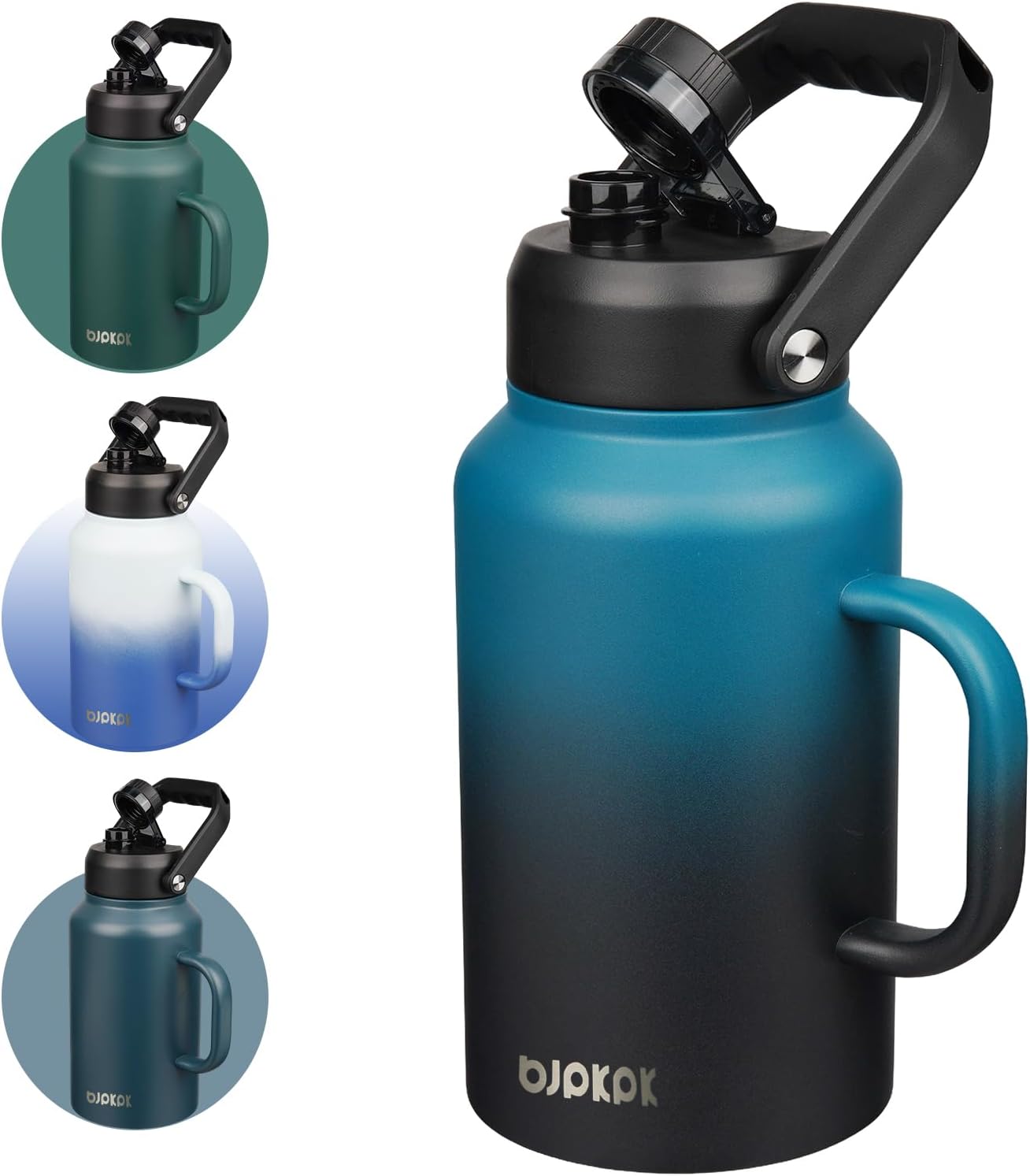 BJPKPK 87oz Insulated Water Bottle with Handle, Large Dishwasher Safe 2/3 Gallon Water Bottle, BPA Free Water Jug, Wide Mouth Metal Water Bottle with Anti-slip Bottom, Keep Cold & Hot,Blue & Black