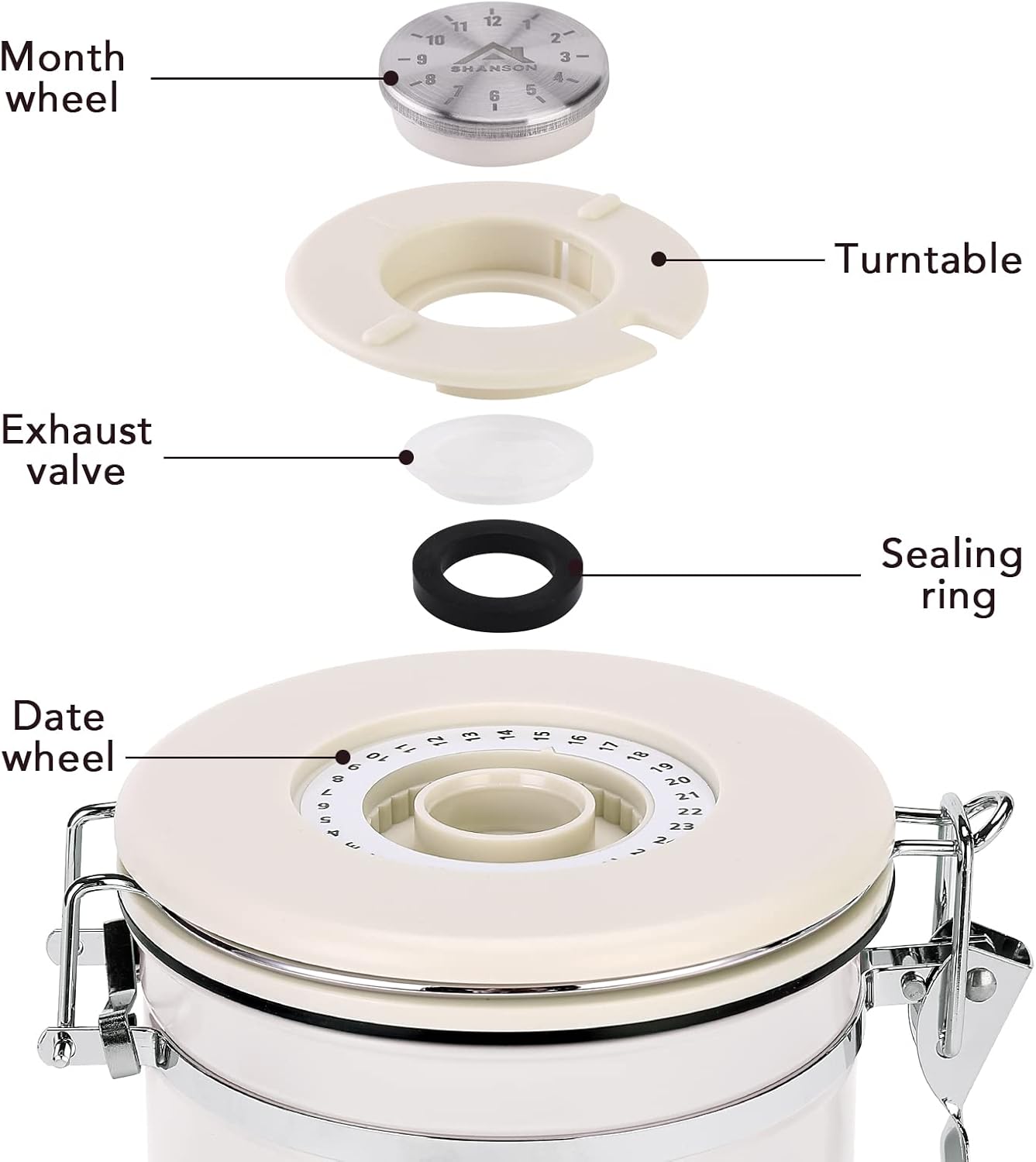 ShanSon Coffee Canister Airtight Coffee Container Stainless Steel Coffee Bean Storage Container with CO2 Release Valve and Scoop Coffee Canister for Beans,Grounds,Sugar,Flour,Tea,Cereal,16OZ,Off-White