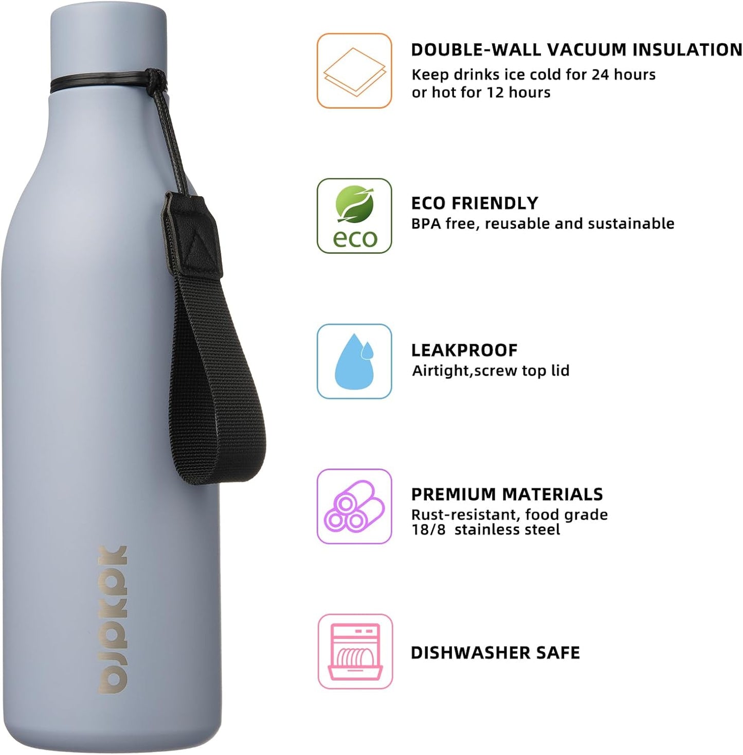 BJPKPK Insulated Water Bottles, 25 oz Stainless Steel Metal Water Bottle with Strap, BPA Free Leak Proof Thermos, Mugs, Flasks, Reusable Water Bottle for Sports & Travel, Mist Grey