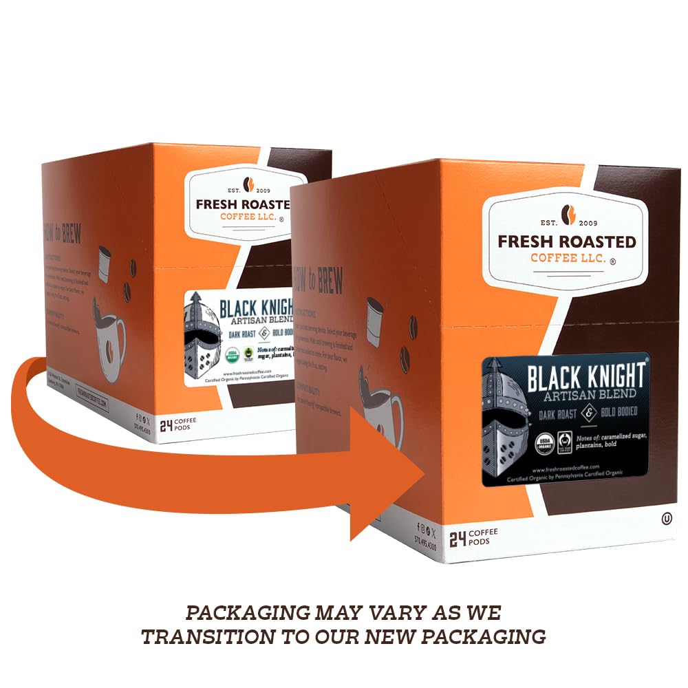 Fresh Roasted Coffee, Organic Black Knight | USDA Organic, Kosher | Dark Roast 24 Pods for K Cup Brewers