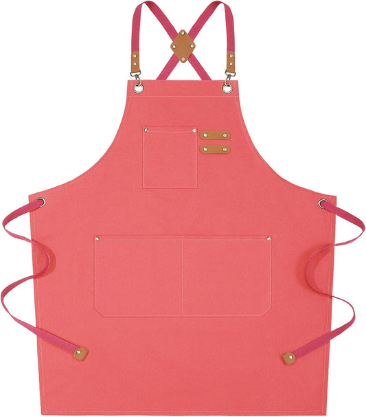 AFUN Chef Aprons for Women Men with Large Pockets, Cotton Canvas Cross Back Water Repellent Work Apron, Size M to XXL (Pink)