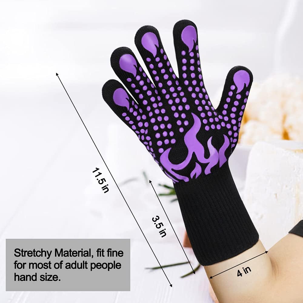 Comsmart BBQ Gloves, 1472 Degree F Heat Resistant Grilling Gloves Silicone Non-Slip Oven Gloves Long Kitchen Gloves for Barbecue, Cooking, Baking(Purple)