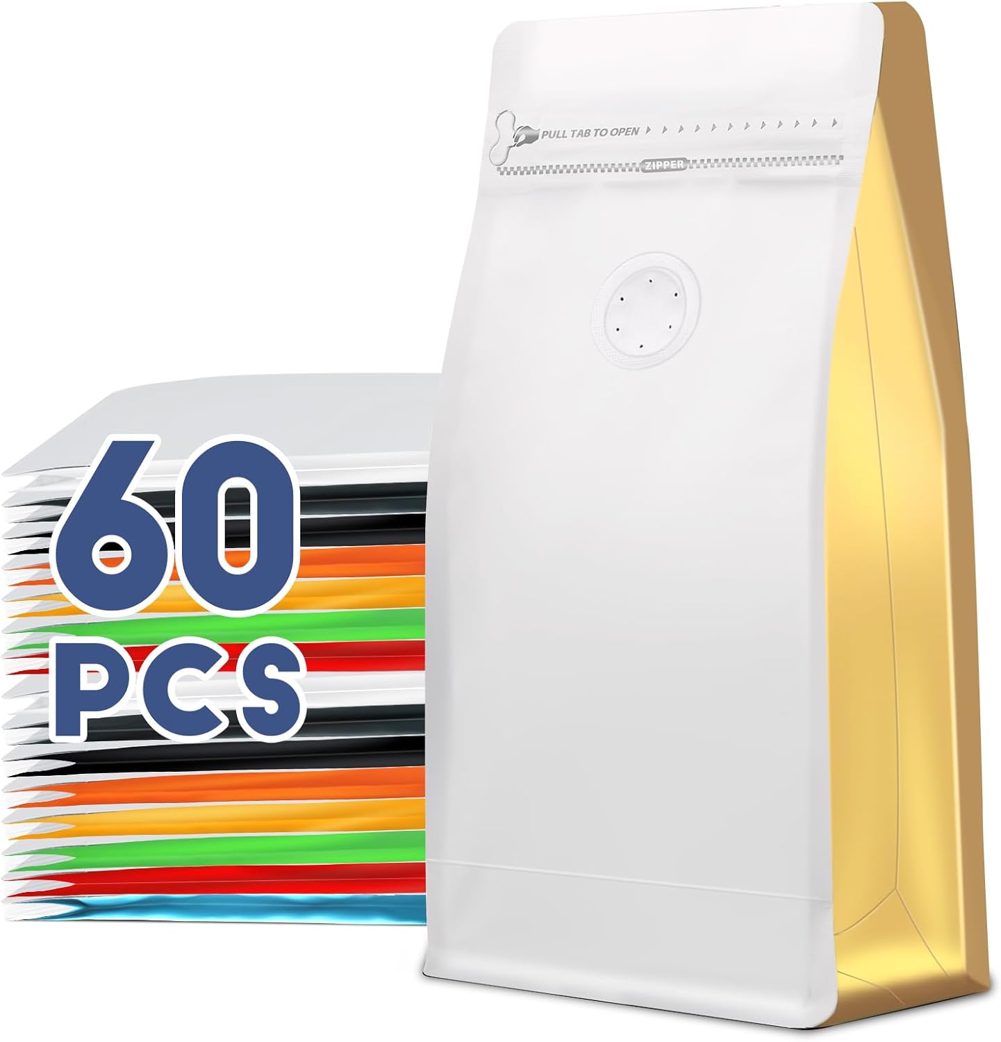 Coffee Bags with Valve(60pcs,16 oz,1 lb) Vented Coffee Beans Packaging Bags High Barrier Aluminumed Foil Flat Bottom Heat Sealed Side Zipper Resealable Storage Bag for Home or Business（White+Gold）