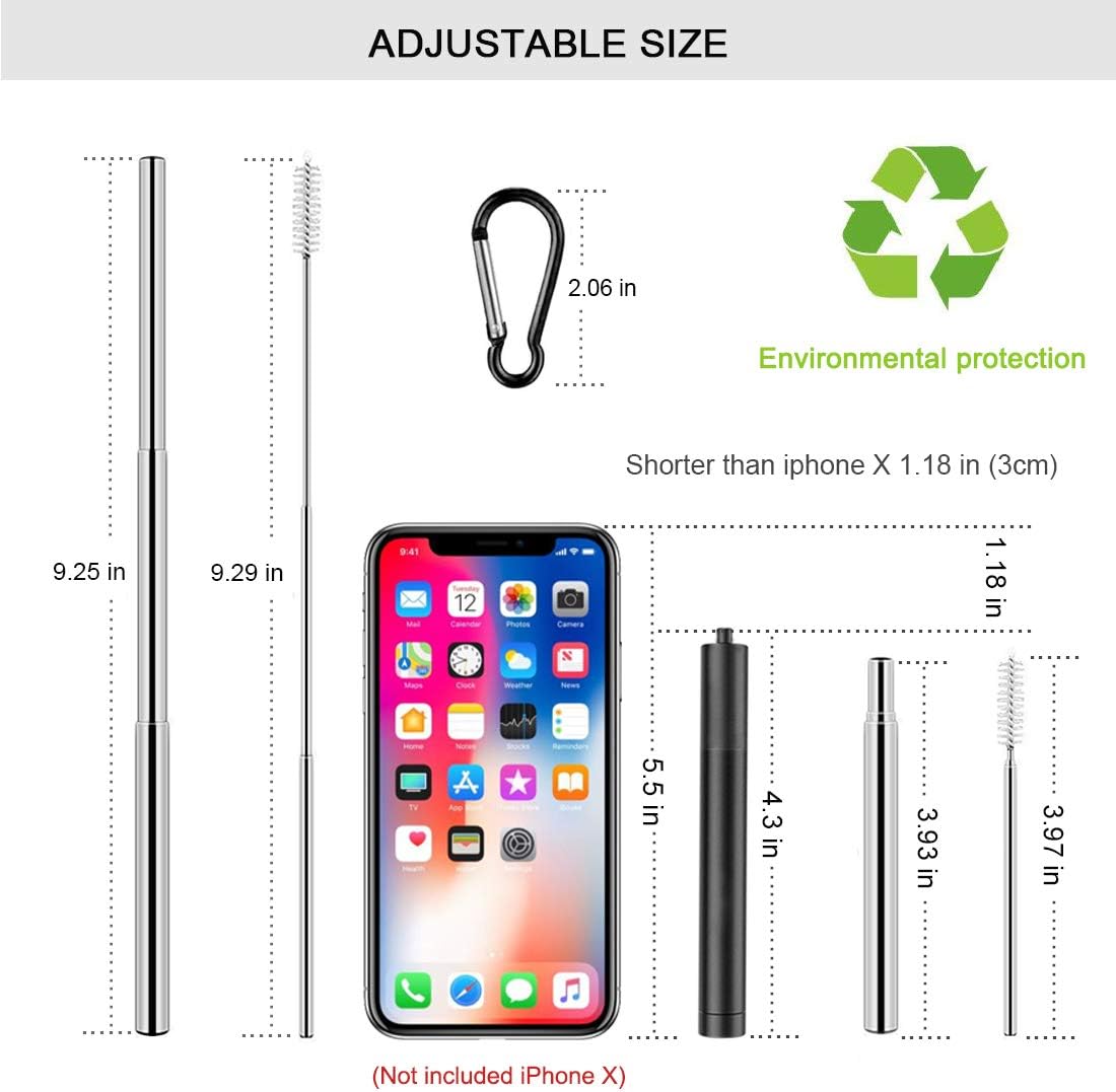 2 Pack Reusable Metal Straws Collapsible Stainless Steel Drinking Straw Travel Portable Telescopic Straw with Case,2 Cleaning Brushes Included Black/Turquoise