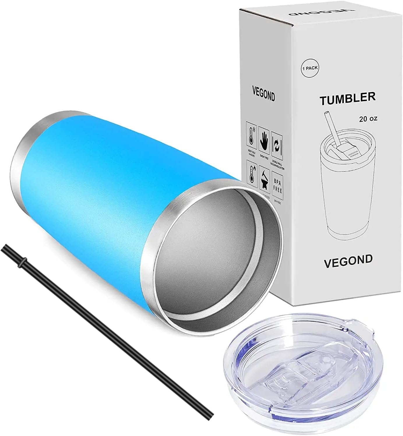 VEGOND 20oz Tumbler with Lid and Straw Stainless Steel Tumbler Cup Bulk Vacuum Insulated Double Wall Travel Coffee Mug Powder Coated Coffee Cup(Sky Blue 6 Pack