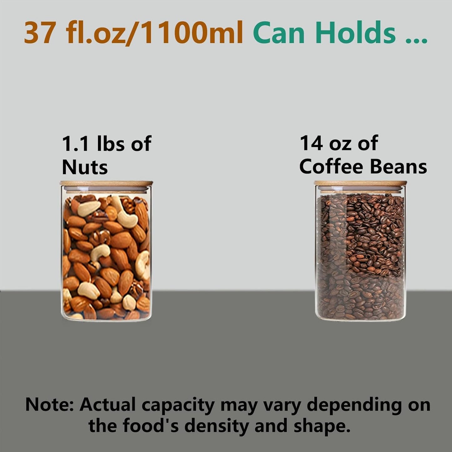 37oz Square Glass Storage Containers with Lids, glass jar with airtight lid, Glass Canister for Pantry Cookie Flour Cereal Rice Sugar Tea Coffee Beans Spice, Square Set of 4