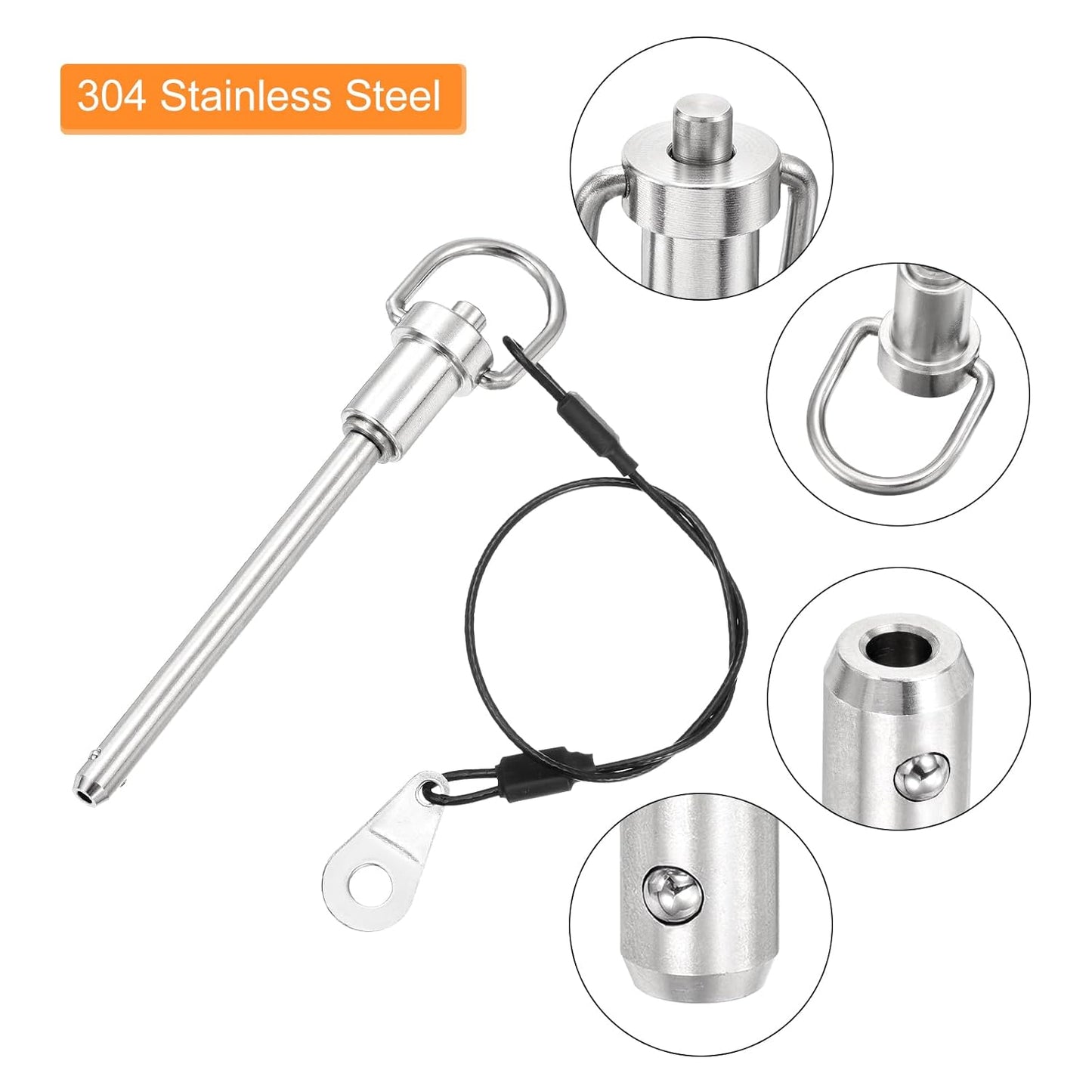 uxcell 1 Pcs Quick Release Pin, 6.3x64mm/1/4" x 2.52"(Dia. x L) Push-Button Ball Locking Pin 304 Stainless Steel Ring Handle Locking Pin with Wire for Audio Bimini Top Marine, Silver