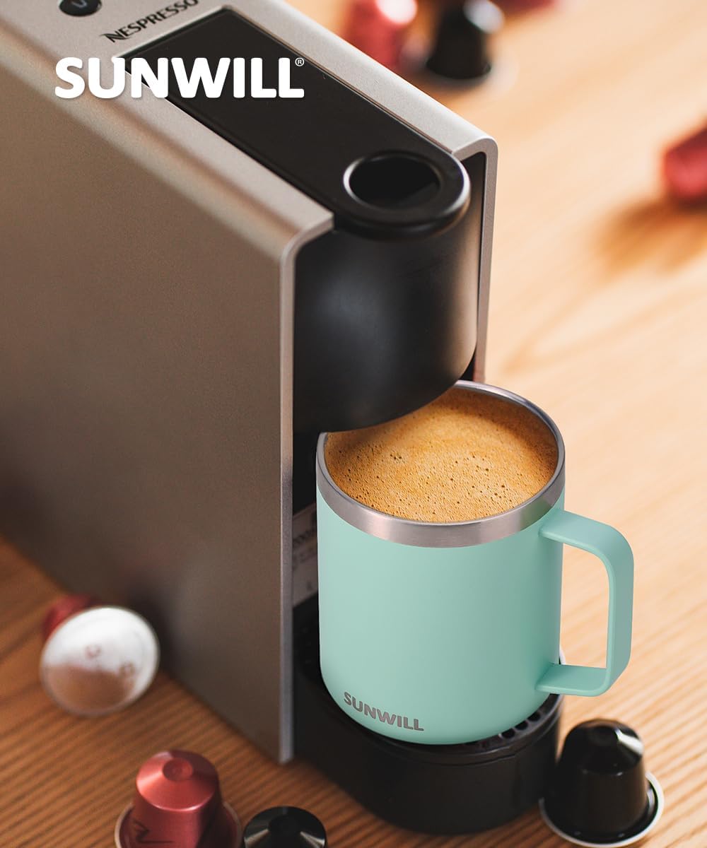 SUNWILL Insulated Coffee Mug with Lid, Travel Tumbler with Handle, 14 oz Stainless Steel Cup for Camping, Office, Home, Powder Coated Mint
