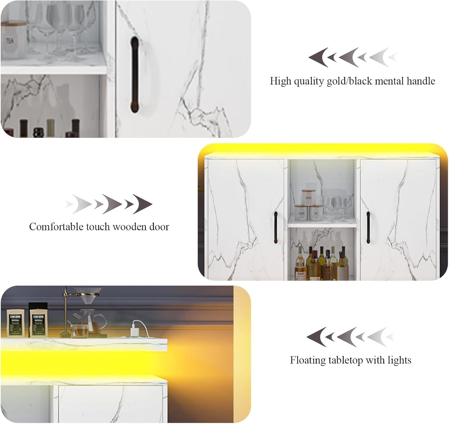 4 EVER WINNER Marble Buffet Cabinet with Storage, Modern Coffee Bar with LED Lights and Charge Station, Sideboard Buffet Cabinets with Adjustable Shelves for Kitchen,Dining Room