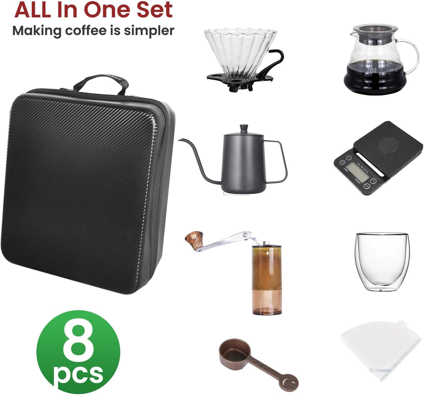 SOTECH Pour Over Coffee Maker Set, Coffee Kettle Scale, Pour Over Coffee Dripper, Bean Grinder, Glass Server, Drip Cup, Filter Paper, All in 1, Traveling Camping Hiking