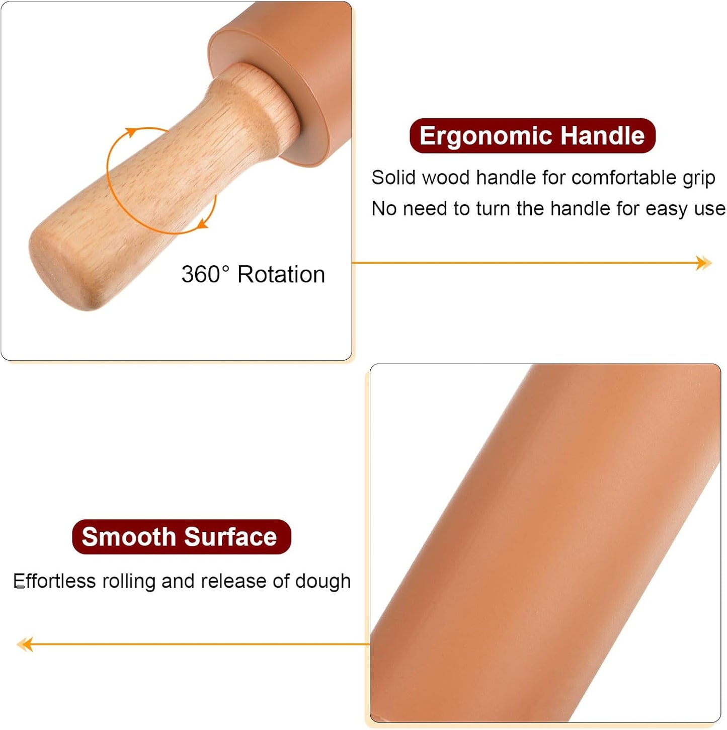 HARFINGTON Silicone Rolling Pins for Baking 17 Inch Wooden Handle Non Stick Rolling Pin Small Roller Playdough Rolling Pins for Dough Pizza Pastry Fondant Kitchen, Brown