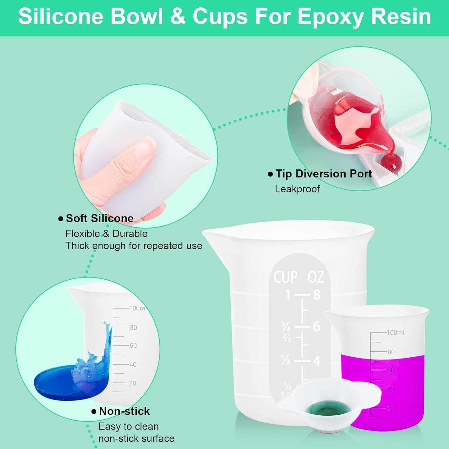 7 PCS Silicone Measuring Cups Kits,1 PCS 250ml Silicone Cups,4 PCS 100ml Non-Stick Mixing Cups,2 PCS 10ml Silicone Mold Cup Dispenser, for Casting Moulds,Jewelry Making,DIY,Crafts