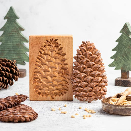 Wooden Cookie Biscuit Mold - Carved Baking Cutter and Embossing Stamp for DIY Shapes (Pine Cones)