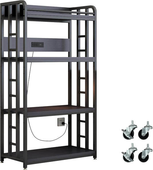 Adjustable 4-Tier Heavy Duty Kitchen Baker's Rack with Power Outlet, with Industrial Wheels, Free Standing Microwave Oven Cart Stand for Storage, Garage, Mini Fridge Stand, Black