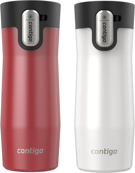 Contigo AUTOSEAL West Loop Vacuum-Insulated Stainless Steel Travel Mug with Easy-Clean Lid 16 oz 2-Pack Goji Berry Frosted Pearl Salt Frosted Pearl