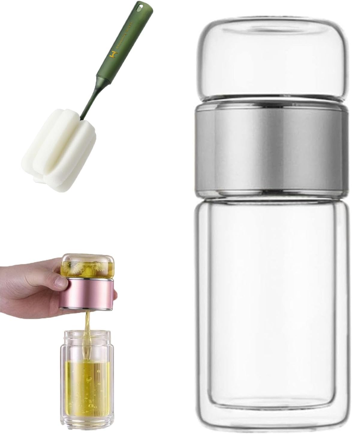 QUROXO 2025 New Tryteava Glass Infuser, Teava 3-In-1 Smart Tea Infuser with Cup Brush, Double-Layer Borosilicate Glass Tryteava Tea infusers Separation Cup (Silver, 350ml (12oz))