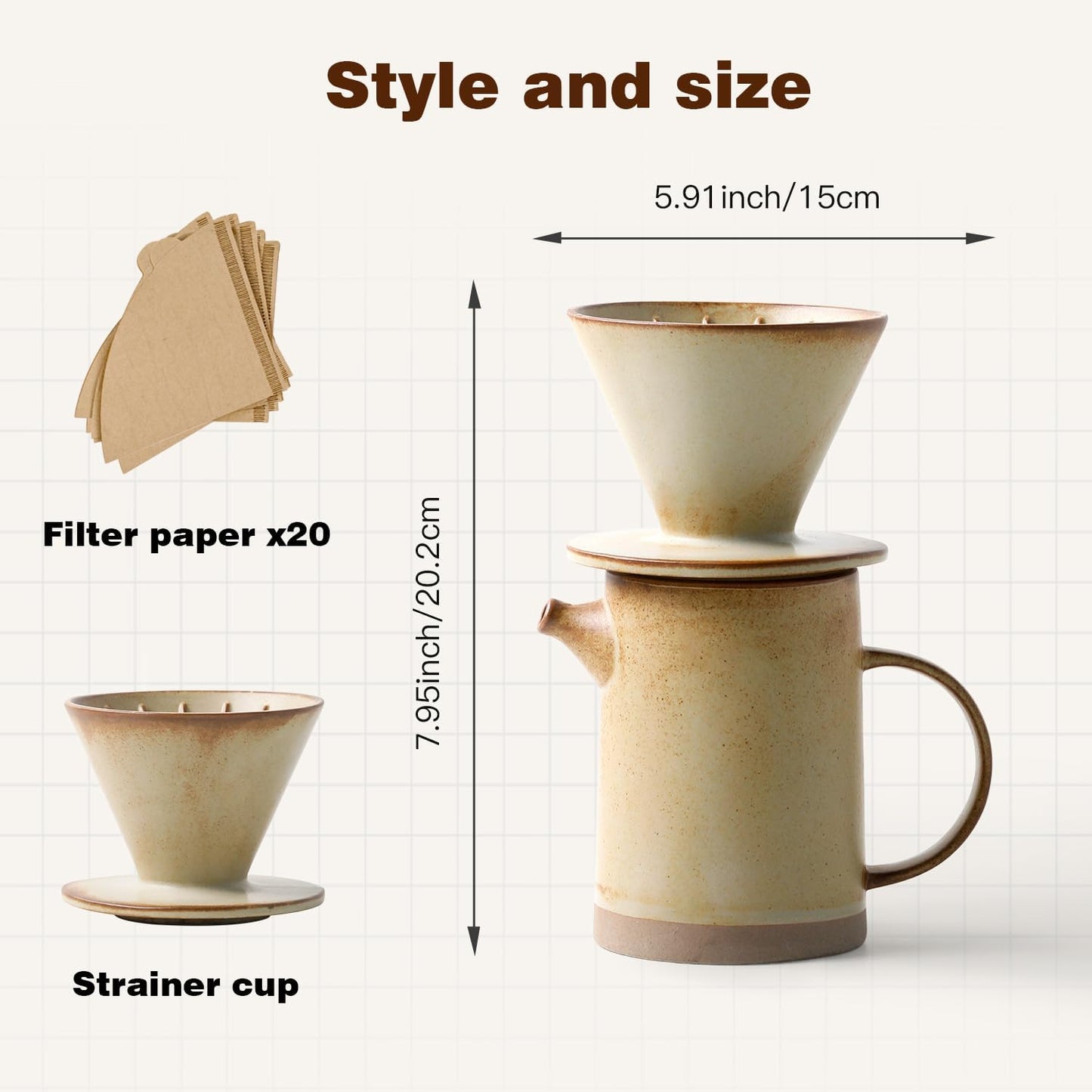 Pour Over Coffee Maker Set Vintage Ceramic Pour Over V60 Coffee Dripper Set with 20 Count Paper Coffee Filters,for Home Café Restaurant Camping,15.8 Ounces(Yellow)