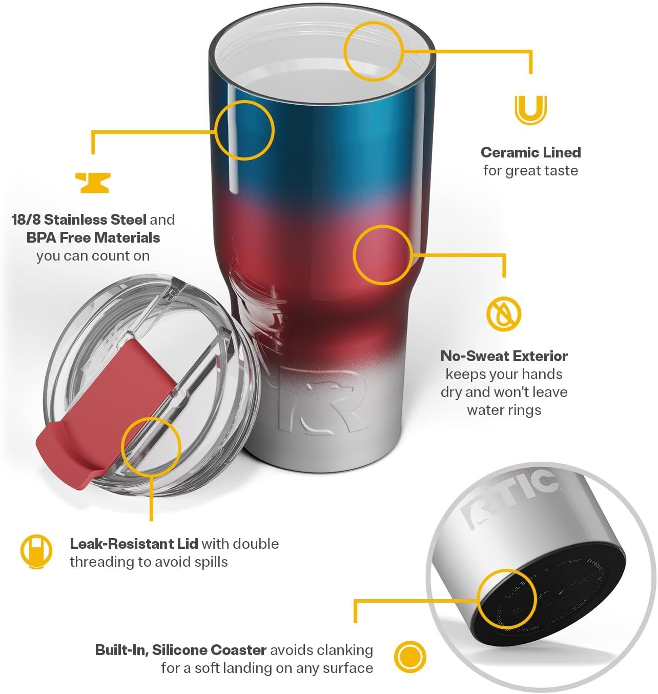 RTIC 20oz Essential Tumbler with Lid, Insulated, Stainless Steel, Metal, Double Wall Vacuum-Insulation, Ceramic Lined, Travel Cup for Iced Coffee, Tea, Hot and Cold Drink, Patriot Metallic