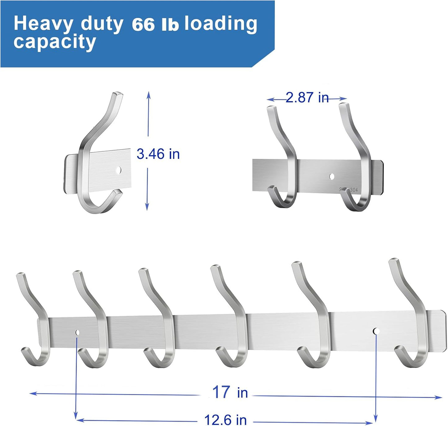 Wall Hooks Heavy Duty, 17 Inch Coat Rack Wall Mount with 6 Hooks, Silver Wall Hooks for Hanging Backpack, Bag, Purse, Clothes, Hat, Coat, Towel | Entryway & Bathroom Storage Organization Hanger