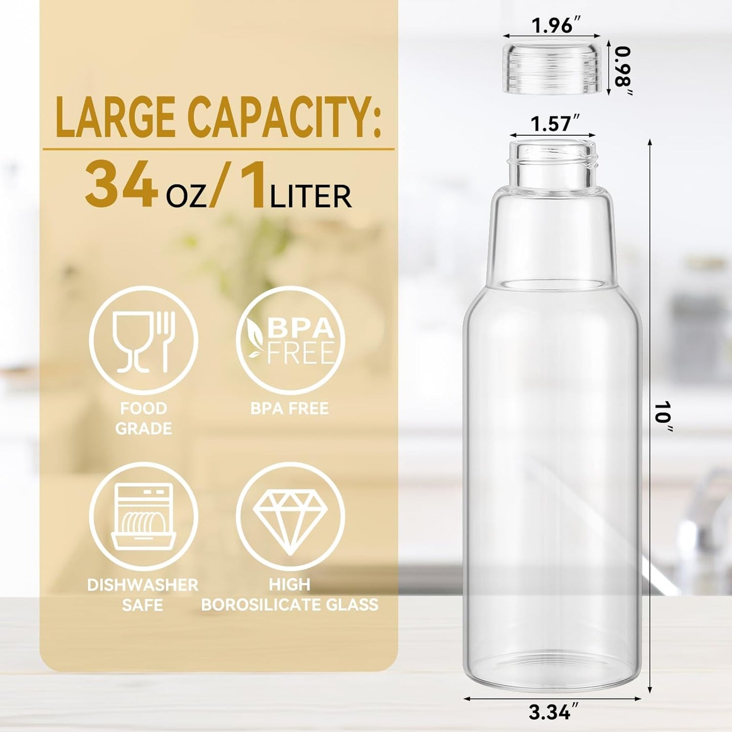 34 Oz Glass Juice Bottles with Lids, Glass Bottles, BPA Free, Borosilicate Glass for Juicing, Smoothies, Infused Water, Beverage Storage, Shaker Bottles (1 Pack)