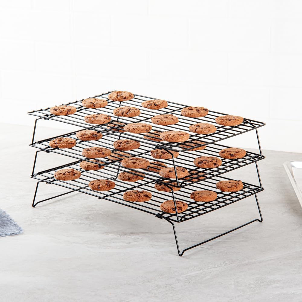 Restaurantware Met Lux 15.7 x 9.8 x 8.3 Inch Wire Baking Rack Set 1 Stackable Oven Wire Rack Set - 3-Tier Design Oven-Ready Up To 392F Black Iron Cooling Rack Set With Collapsible Feet