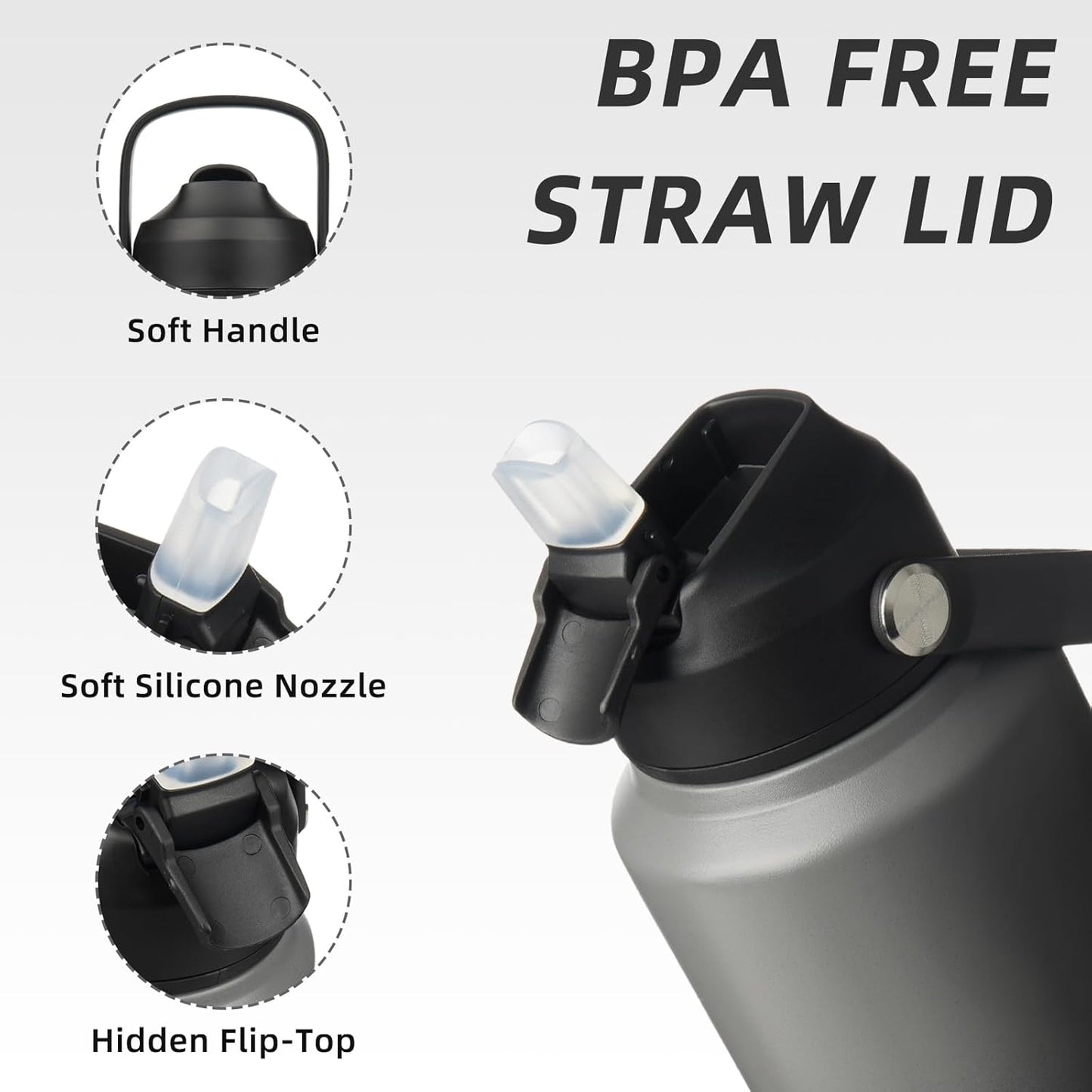 BJPKPK Water Bottle with Straw Lid, 32oz Vacuum Insulated Water Bottles, Metal Stainless Steel Thermos for Sports, Travel, BPA Free Leak Proof Thermos, Cups, Flasks, Tumblers,Black Grey