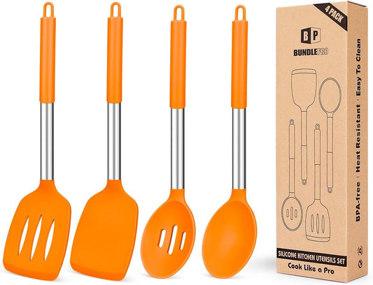 Pack of 4 Silicone Cooking Utensils Set, Non Stick Large Solid Spatulas, Heat Resistant Slotted Spoons, Ideal BPA Free Kitchen Turners for Frying, Mixing,Serving,Draining,Turning,Stirring (ORANGE)