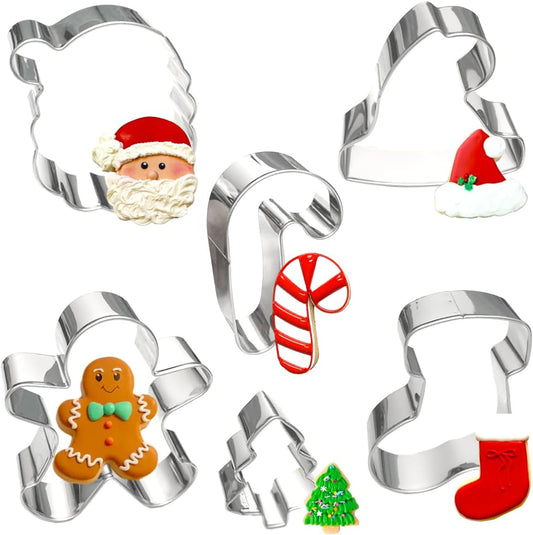 Christmas Cookie Cutters Large 6Pcs, Metal Christmas Hat Socks Candy Canes Santa Claus Ginger Man Mini Tree Shapes Cookie Cutters, 430 Stainless Steel Biscuit Fondant Doubt Cutter