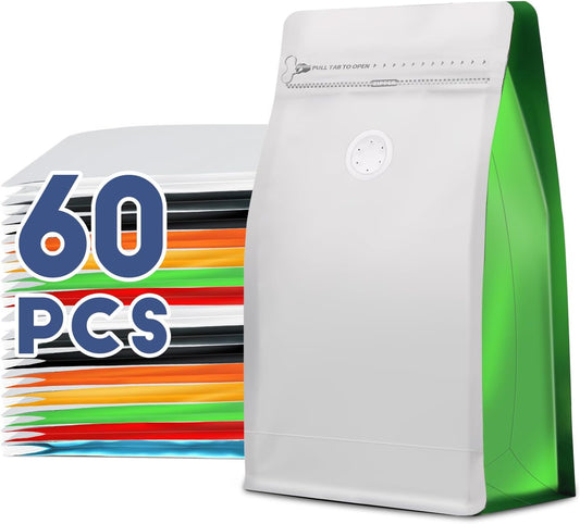 Coffee Bags with Valve(60pcs,8 oz,1/2 lb) Vented Coffee Beans Packaging Bags High Barrier Aluminumed Foil Flat Bottom Heat Sealed Side Zipper Resealable Storage Bag for Home or Business（White+Green）