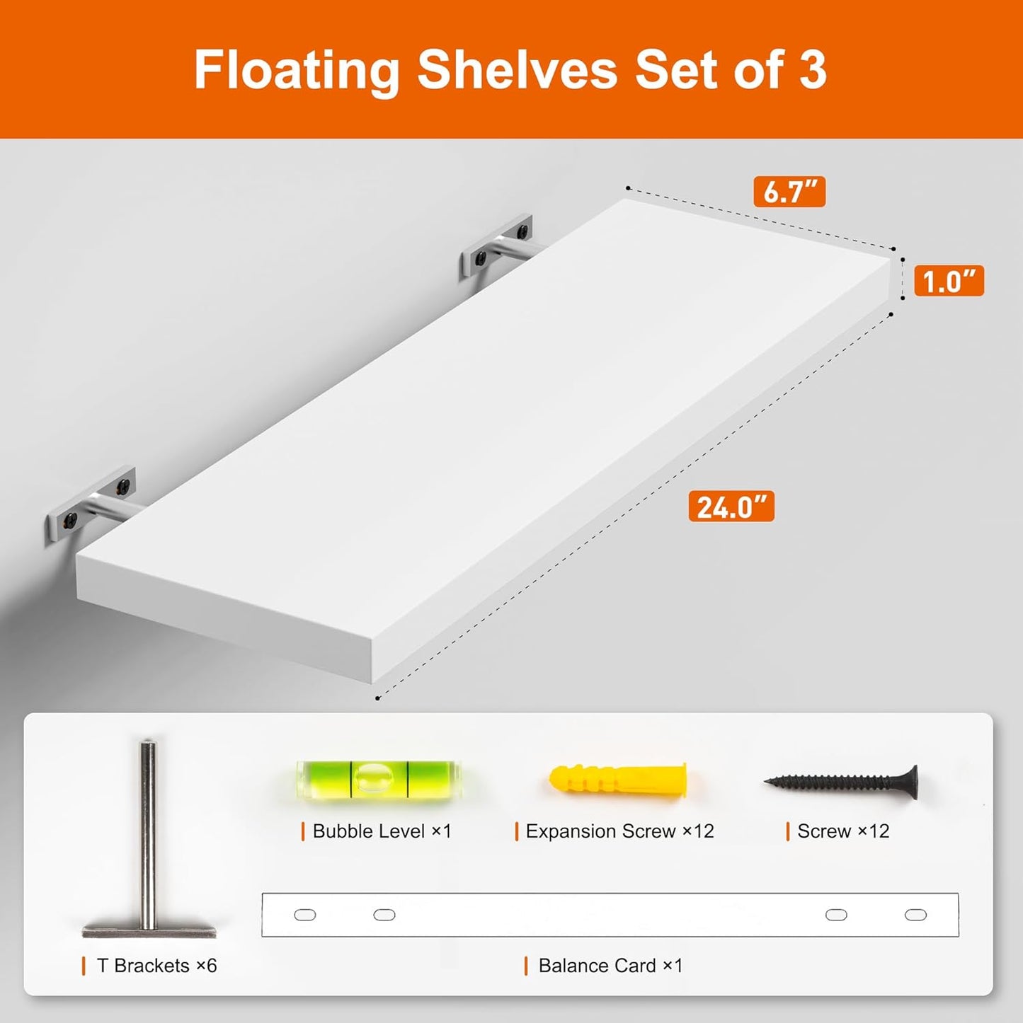 Floating Shelves for Wall, White Wood Wall Shelf Set of 3, 24" Wall Mounted Floating Shelf for Kitchen
