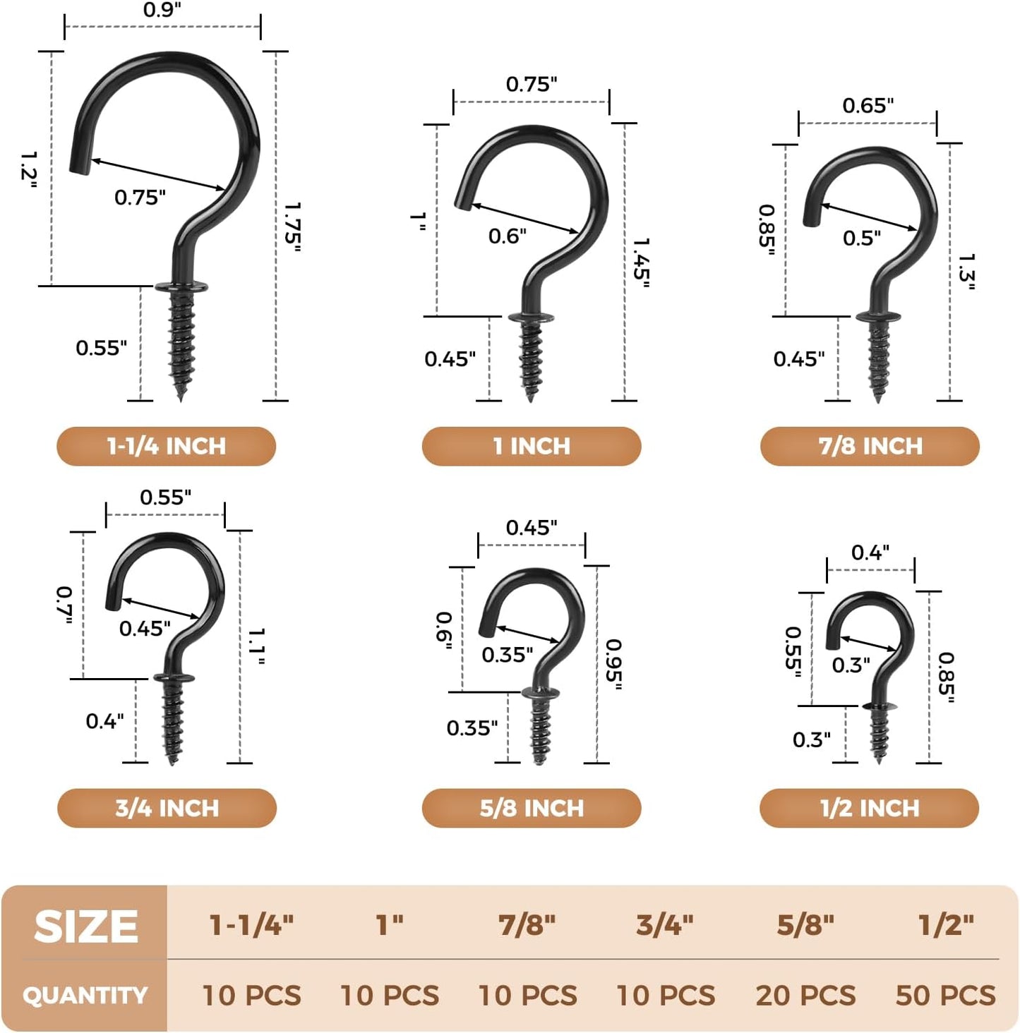 RELBRO Screw Hooks, 6 Sizes Metal Screw in Cup Hooks, 1/2 Inch, 5/8 Inch, 3/4 Inch, 7/8 Inch, 1 Inch, 1-1/4 Inch, Black, 110 Pcs