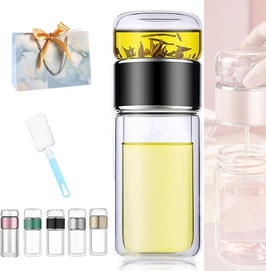 Tryteava Glass Infuser, Tryteava 3-in-1 Smart Tea Infuser, Portable Glass Double Wall Tea Infusers Bottle, with Stainless Steel Filter, Hot & Cold Brew, For Loose Leaf, Office Home (Black, 350ml)