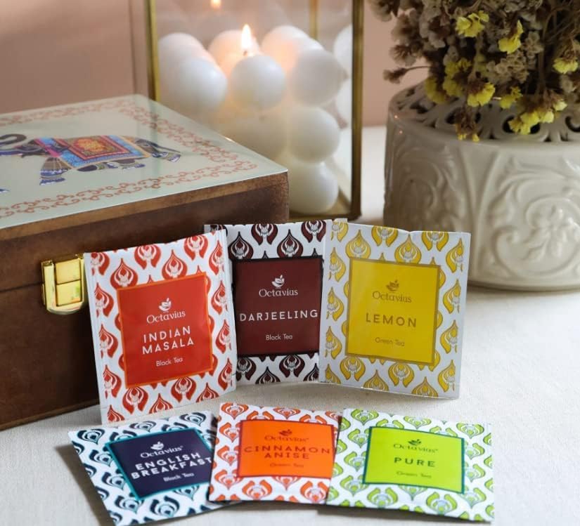 Octavius Gift's Select - Assorted Tea in Elephant Printed Wooden Box | 6 Flavors, 90 Tea Bags | Black & Green | Tea Gifts for Women & Men | Tea Variety Pack Gift Box